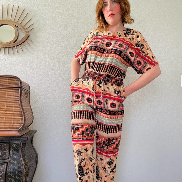Vintage Pants - Vintage 90s wacky southwestern desert snakes coyotes funky boho jumpsuit sz M